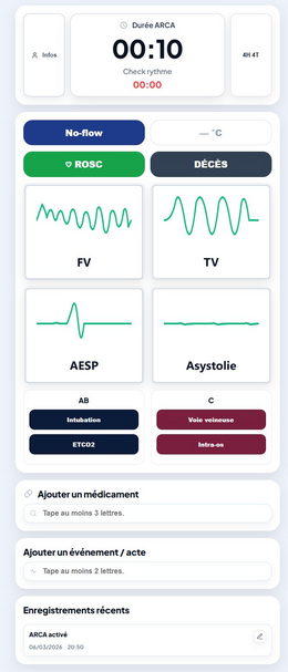 Écran principal ARCA — rythmes, timers, chocs